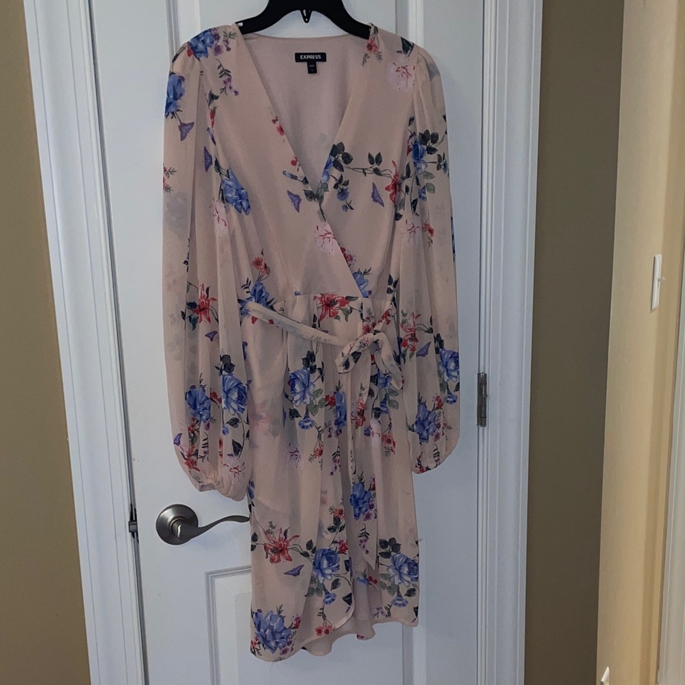 Express Floral Wrap Dress - Beige and Blue